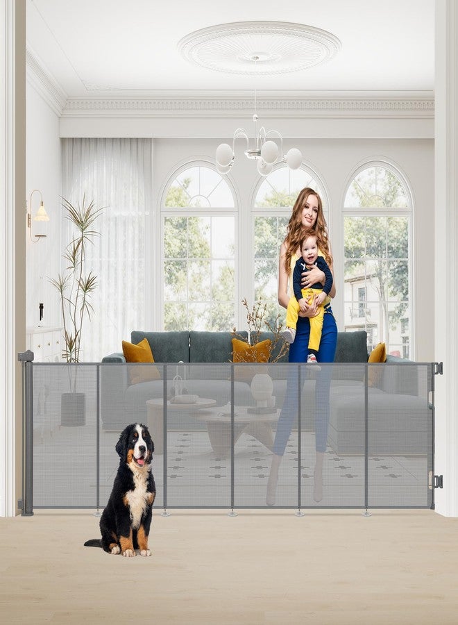 SMONTER Extra Wide Retractable Dog Gates, Mesh Baby Gate with Support Rods Extend to 118" Wide 33" Tall, Portable Safety Retractable Gate for Stairs, Indoor/Outdoor, Gray - Image 1